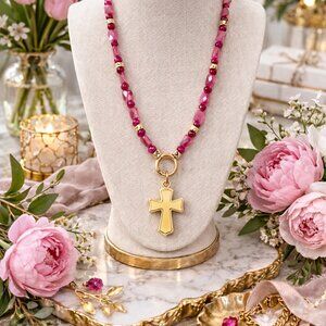 Southern Glitz Pink Cross Pendant Necklace | Gold Cross Statement Necklace